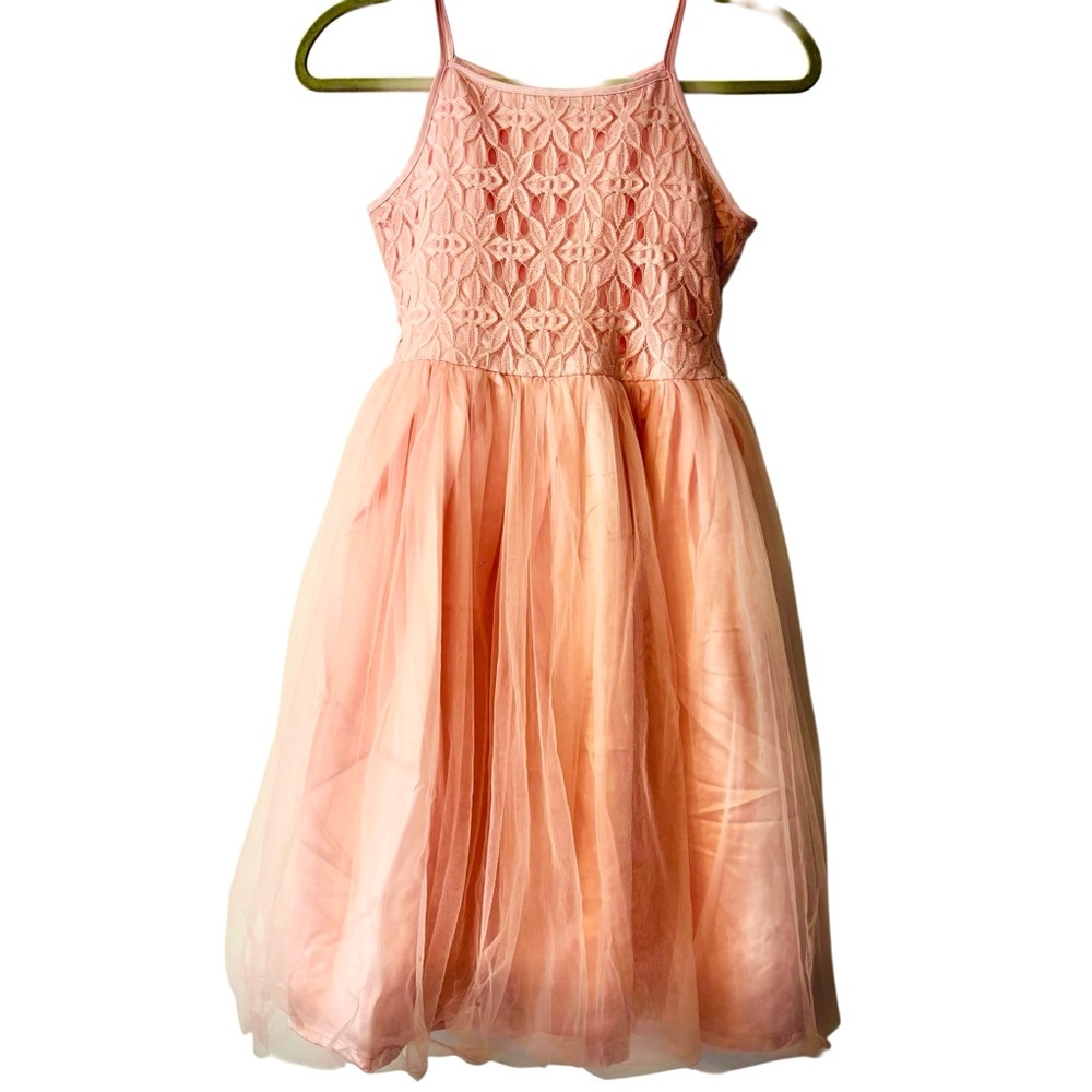 Girls Pinky Peach Lace & Tulle Dress Sz 14 Great Condition